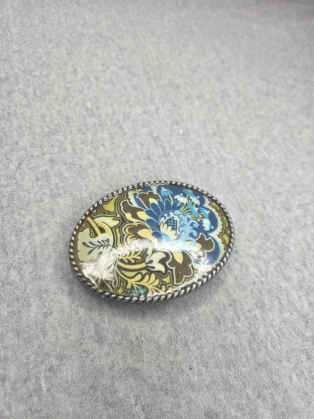 Oval Belt Buckle Blue Gold Floral Tattoo Print Rope Edge Womens Western